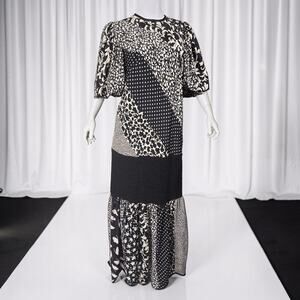 80s Lorrie Kabala Black & White Patchwork Vintage Maxi Dress Puff Sleeve Size 10